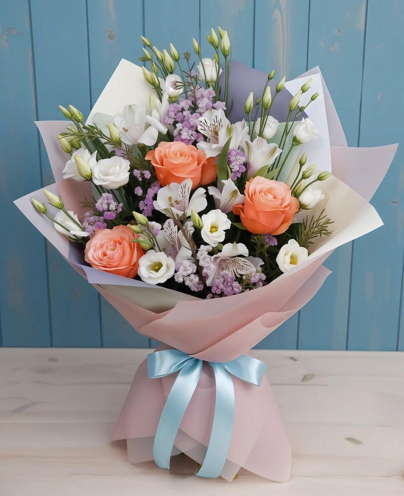 Букет цветов из: Лизиантусы, Розы, Альстромерии и Гипсофила в Килемары